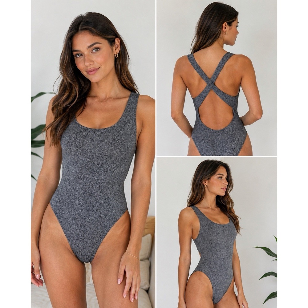 Prism Gray Marled One Piece Swimsuit Women's Open‎ Back Cross Strap Swimwear